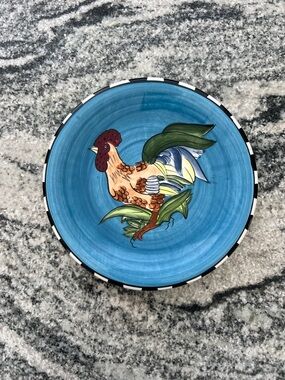 Hand-Painted Rooster Ceramic Plate in Turquoise
